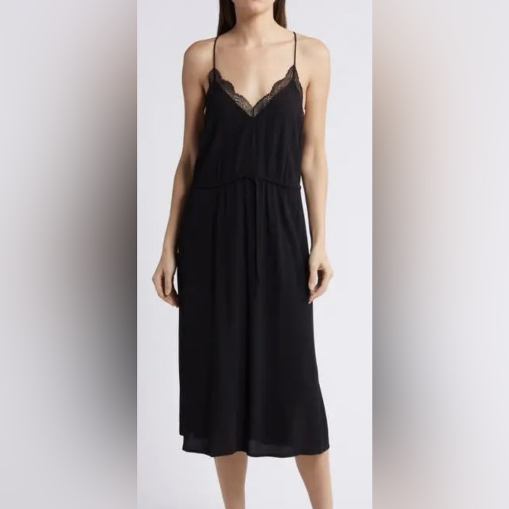 Treasure & Bond Lace-Trim Black Chemise Slip Dress